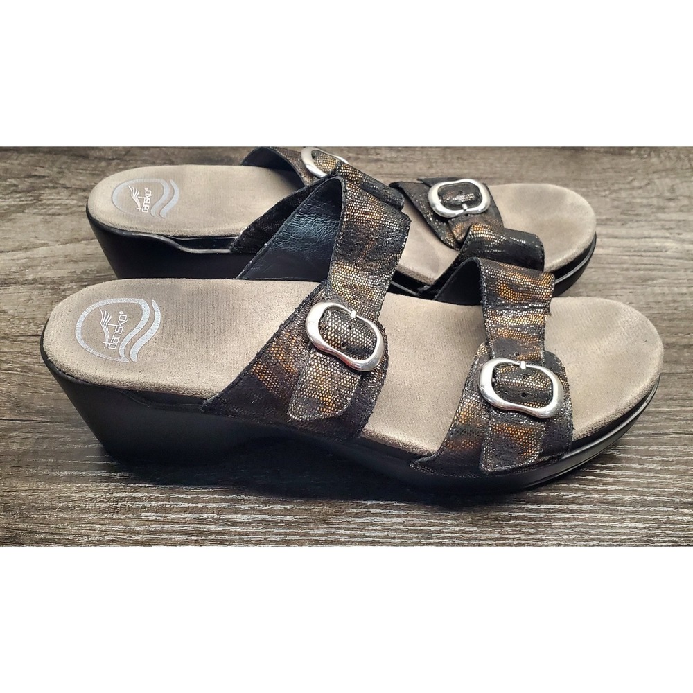 Dansko Sophie Glitter Black & Brown Two Strap Wedge Sandal Size 42 US 11.5-12